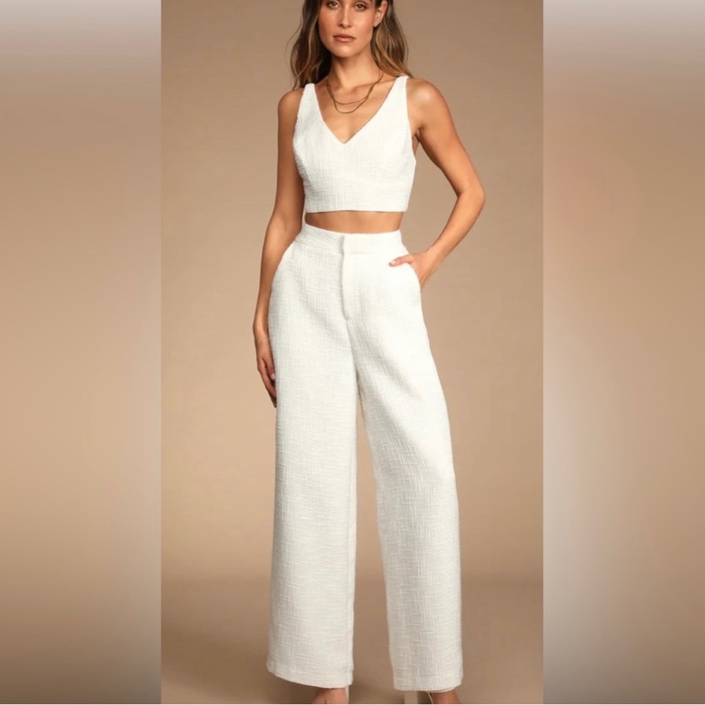 Lulus - White Ivory Winter WhiteTweed Wide-Leg High Rise Dress Pants SZ S